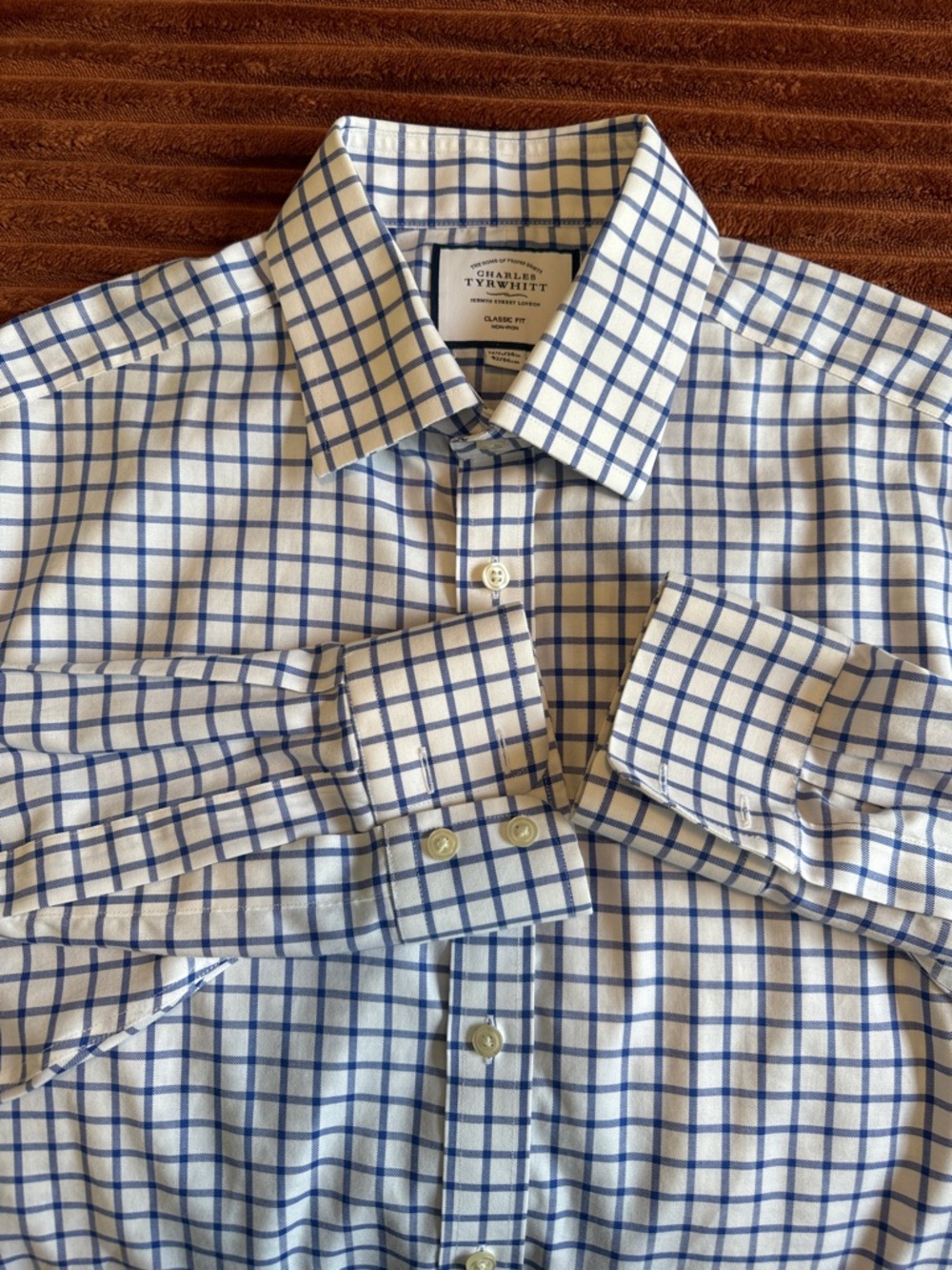 Charles Tyrwhitt White Dress Shirt with Blue Windowpane Check 16.5 / 34